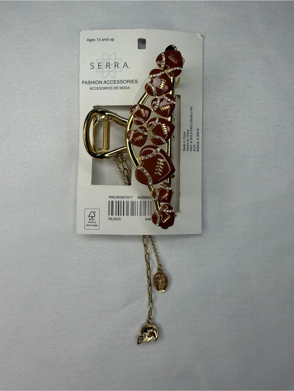Serra Gold-Tone Football Hair Claw Clip with Dangle Chain And Football Charms